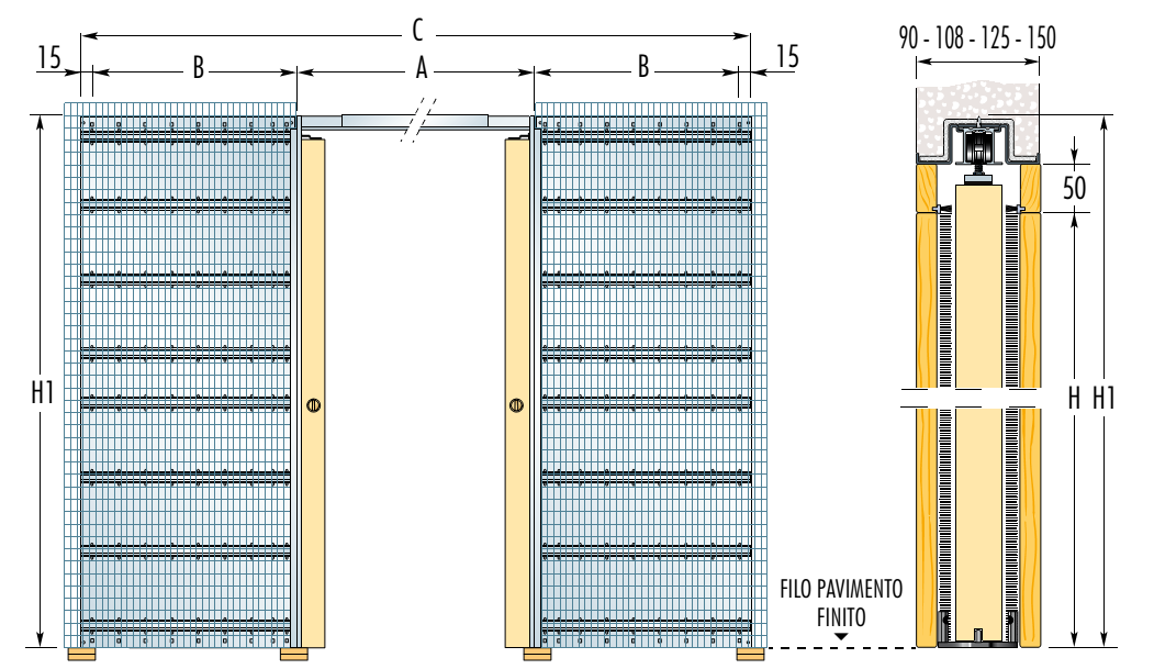 ECLISSE -  Controtelaio ESTENSIONE per intonaco per due ante scorrevoli a scomparsa - l. passaggio 900 + 900 - h. passaggio 2100 - a mm 1850 - c x h1 3730 X 2190 - b mm 925