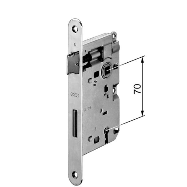 AGB -  Serratura PATENT PICCOLA bordo tondo con scrocco catenaccio e con chiave - col. OTTONATO VERNICIATO - entrata 50 - frontale 20 X 188 - interasse 70