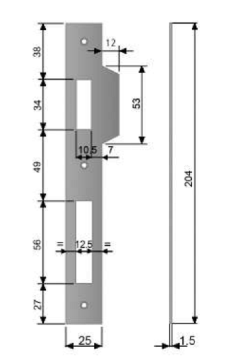 AGB -  Incontro SICUREZZA bordo quadro con alette per patent - col. NICHELATO LUCIDO - frontale l 25 - frontale h 204 - foro scrocco 10,5 - foro catenaccio 12,5 - spessore 1,5
