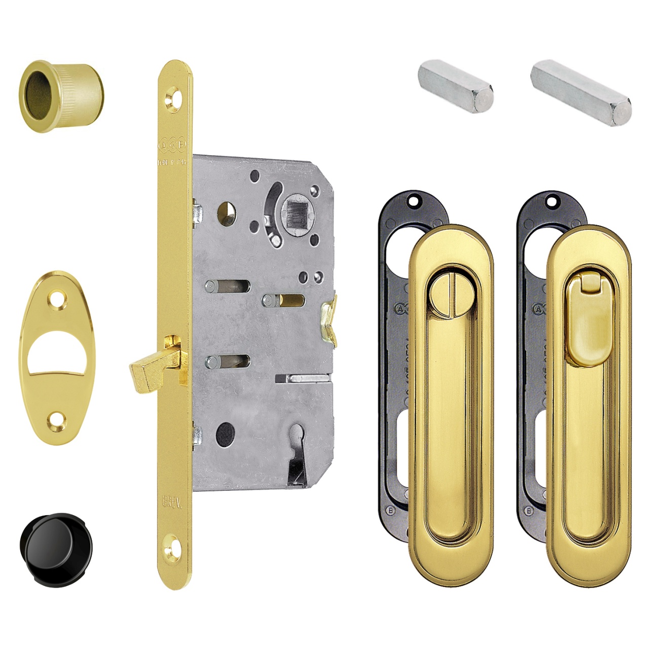 AGB - Kit Maniglia Da Incasso SCIVOLA T KIT C ovale con serratura e50 chiavistello intaglio e maniglietta di trascinamento - mat. OTTONE - col. 03 - OTTONATO VERNICIATO - dim. 152 X 36 - entrata 50