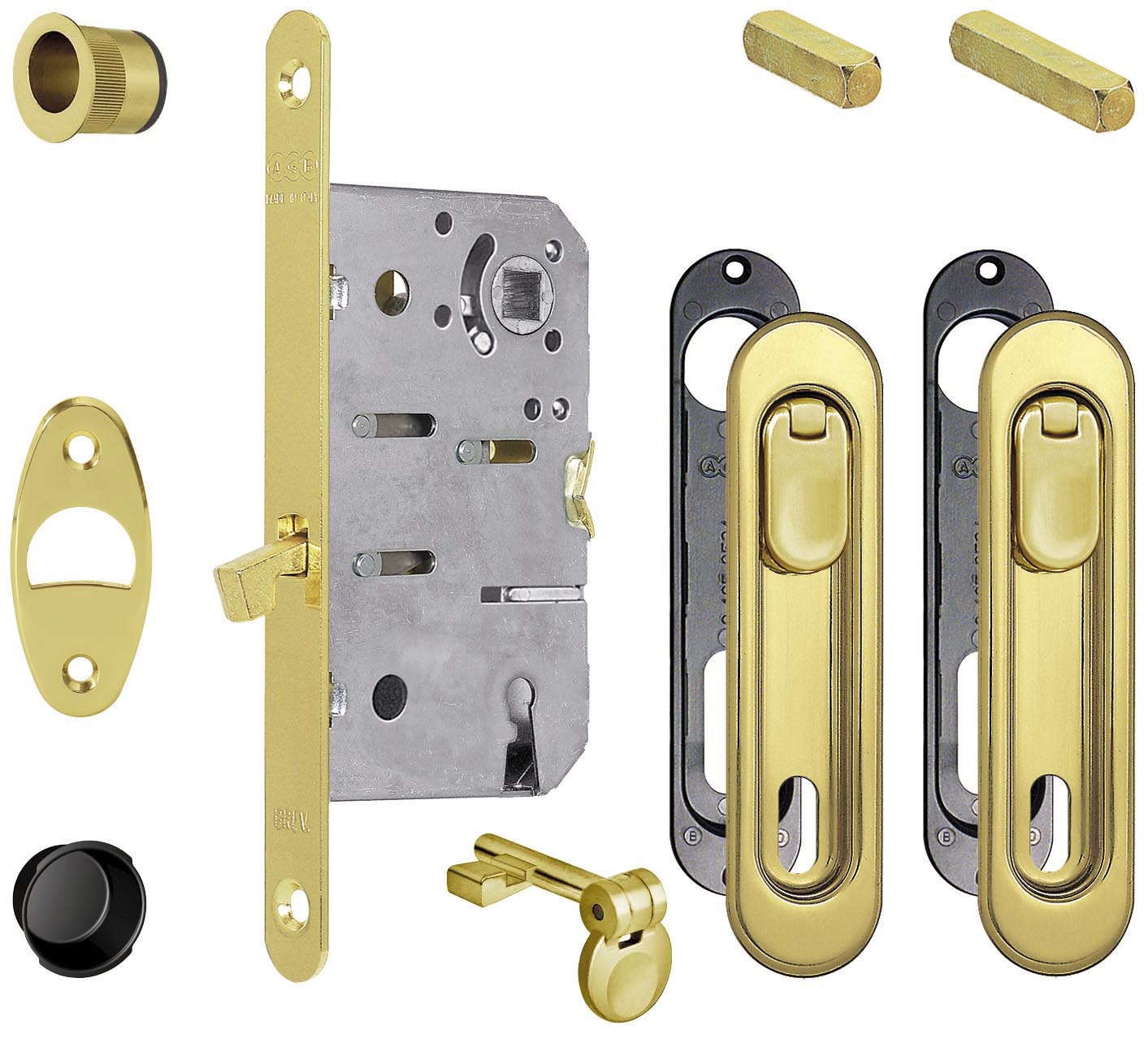 AGB - Kit Maniglia Da Incasso SCIVOLA T KIT D ovale con serratura e50 doppio chiavistello foro patent e maniglietta di trascinamento - mat. OTTONE - col. 03 - OTTONATO VERNICIATO - dim. 156 X 36 - entrata 50