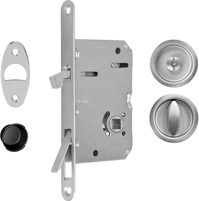 AGB - Kit Maniglia Da Incasso SCIVOLA TRE KIT A tonda con chiavistello intaglio e maniglietta di trascinamento - mat. ACCIAIO - col. 34 - CROMATO OPACO - dim. Ø 60 - entrata 50