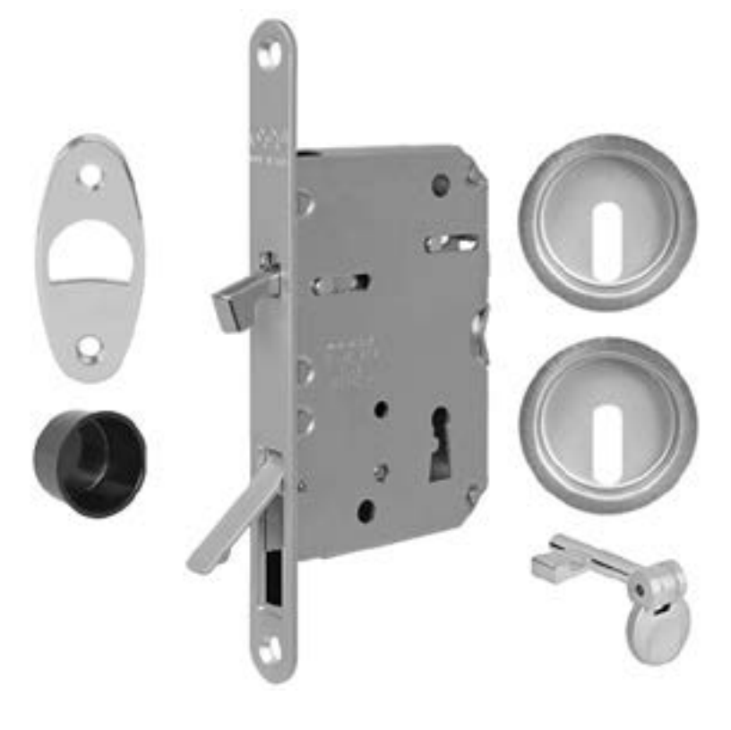 AGB - Kit Maniglia Da Incasso SCIVOLA TRE KIT A tonda con foro patent e maniglietta di trascinamento - mat. ACCIAIO - col. 34 - CROMATO OPACO - dim. Ø 60 - entrata 50