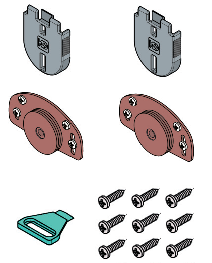 KOBLENZ -  Kit SYSTEM 0320 accessori sistema scorrevole per ante - a: ART. 0320/5 PATTINO SUPERIORE PZ. 2 - b: ART. 0320/9 CARRELLO INFERIORE CON CUSCINETTI A SFERE PZ. 2 - c: ART. 0320/7 FRENO D’ARRESTO PZ. 1 - d: SET VITI FISSAGGIO PATTINI E CARRELLO