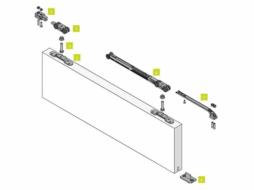 KOBLENZ -  Kit SYSTEM 0400 accessori sistema scorrevole per porte - a: CARRELLO DI SCORRIMENTO - 80 KG - PZ. 2 - b: STAFFA A SINGOLA ENTRATA - PZ. 2 - c: VITE SUPPORTO CARRELLO - PZ. 2 - d: GUIDA INFERIORE REGOLABILE - PZ. 1 - e: FINE CORSA - PZ. 1 - f: R