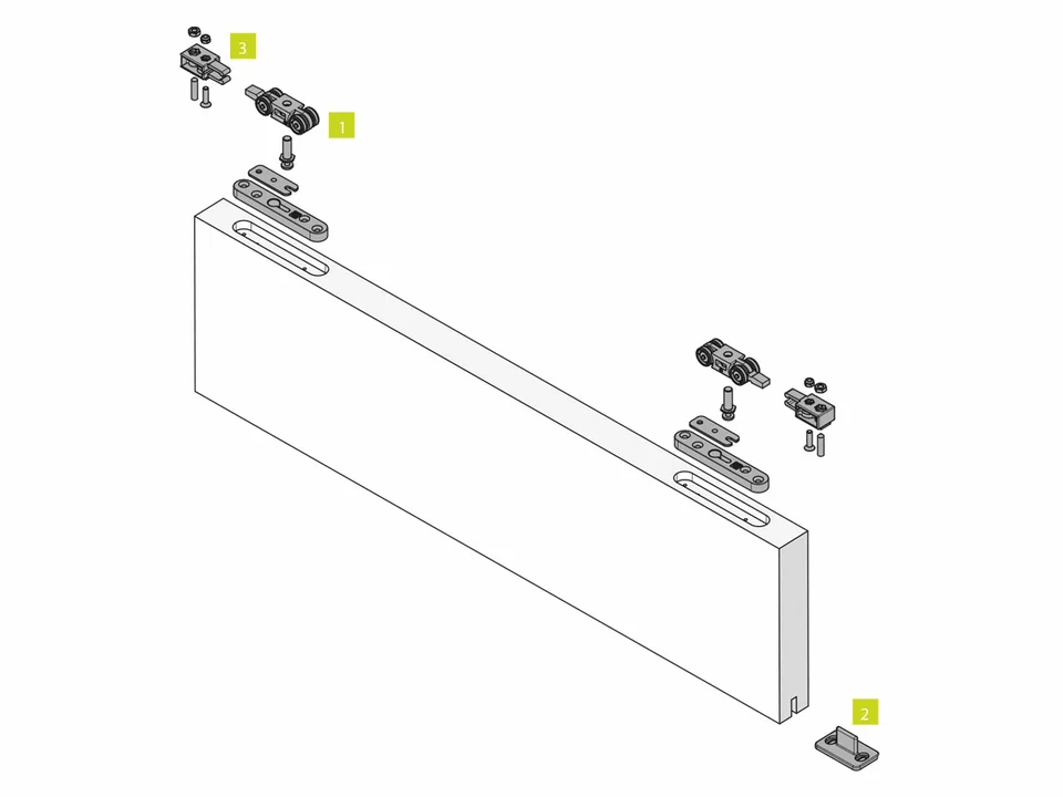 KOBLENZ -  Kit SYSTEM 0450 accessori sistema scorrevole per porte a filo del binario - a: ART. 0450/52 CARRELLO CON STAFFA IN ZAMA A SCOMPARSA PZ. 2 - b: ART. 0810/80X800 GUIDA INFERIORE PZ. 1 - c: ART. 0400/52 FRENO D’ARRESTO PZ. 2