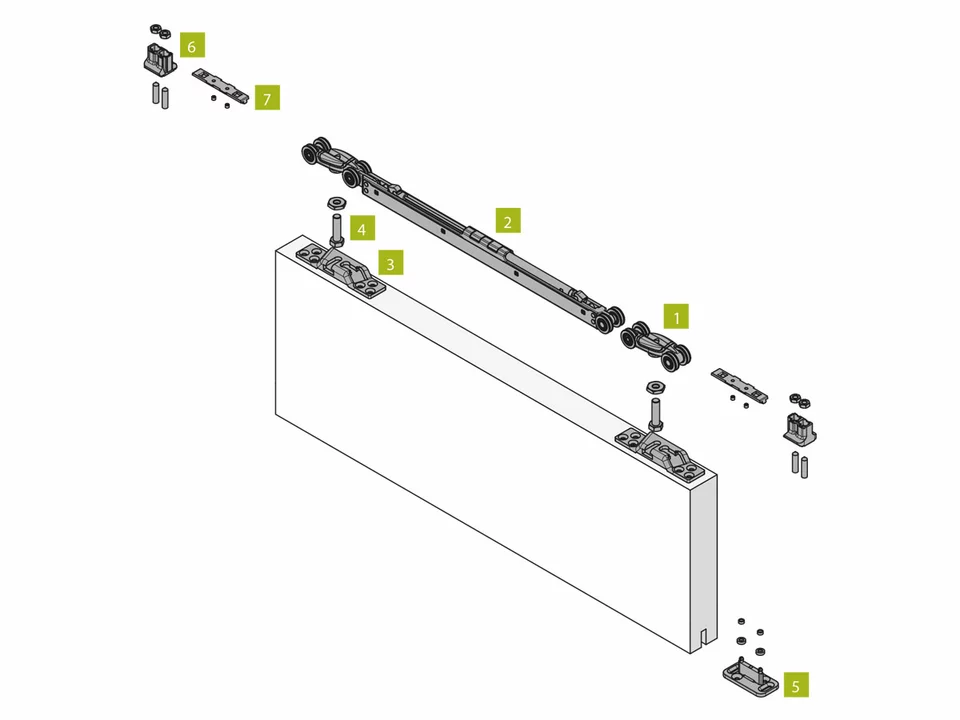 KOBLENZ -  Kit SYSTEM 0500 accessori sistema scorrevole per porte - a: CARRELLO DI SCORRIMENTO - 80 KG - PZ. 2 - b: STAFFA A SINGOLA ENTRATA - PZ. 2 - c: VITE SUPPORTO CARRELLO - PZ. 2 - d: GUIDA INFERIORE REGOLABILE - PZ. 1 - e: FINE CORSA - PZ. 1 - f: R