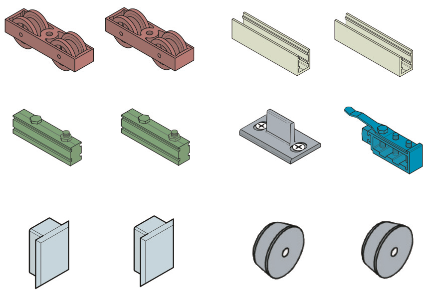 KOBLENZ -  Kit SYSTEM 0600 100 kg accessori sistema scorrevole per porte a filo del binario - a: ART. 0810/53 CARRELLO DI SCORRIMENTO PZ. 2 - b: ART. 0600/51 PROFILO ANCORAGGIO PORTA PZ. 2 - c: ART. 0600/53 PROFILO ANCORAGGIO CARRELLO PZ. 2 - d: ART. 0810