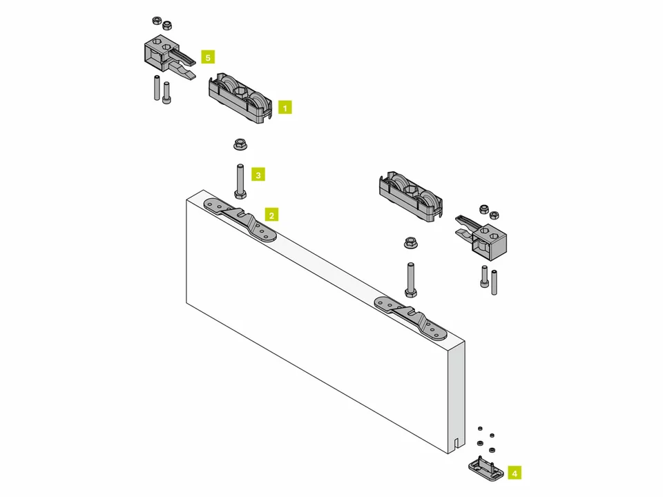 KOBLENZ -  Kit SYSTEM 0830 accessori sistema scorrevole per ante - a: ART. 0830/53 CARRELLO DI SCORRIMENTO PZ. 2 - b: ART. 0830/52 STAFFA ANCORAGGIO PORTA PZ. 2 - c: ART. 0830/51 VITE SUPPORTO CARRELLO PZ. 2 - d: ART. 0810/80X800 GUIDA INFERIORE PZ. 1 - e