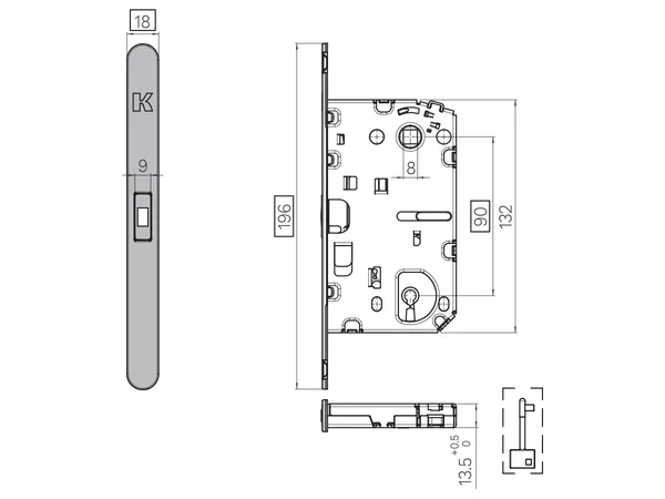KOBLENZ -  Serratura SPINOFF magnetica bordo tondo con catenaccio - entrata 50 - frontale 196 X 18 - interasse 90