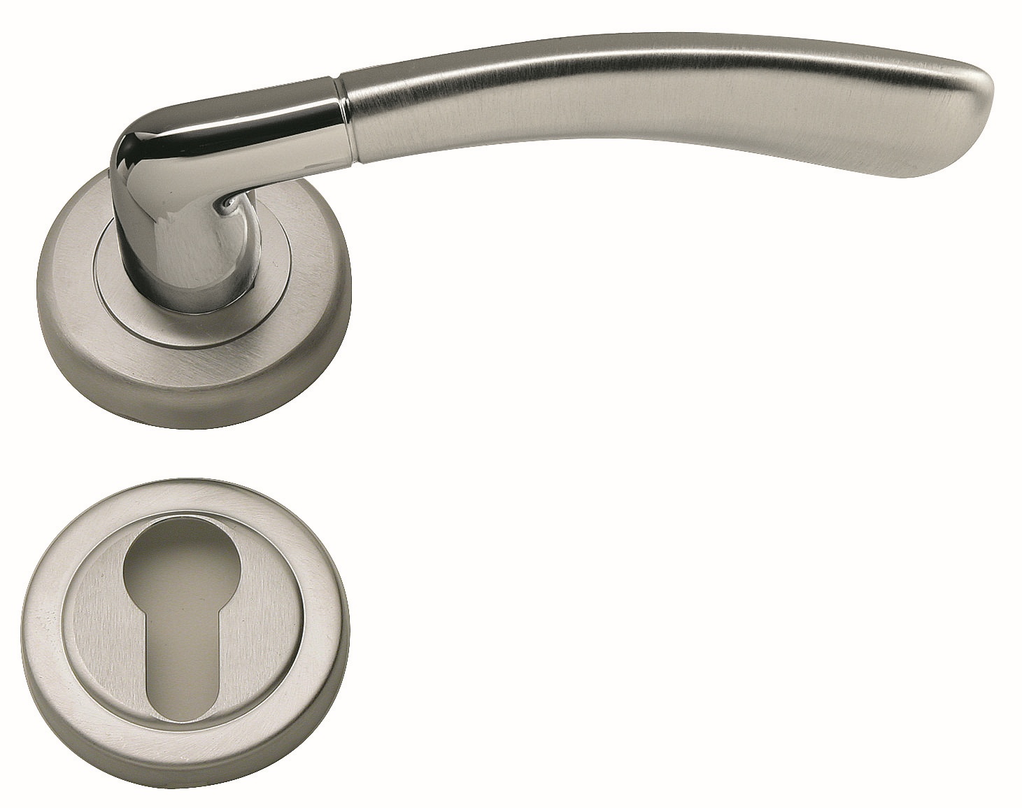 REGUITTI -  Maniglia ARCA coppia con rosette e bocchette tonde foro patent - mat. OTTONE - col. 31 SATINATO NICHELATO VERNICIATO