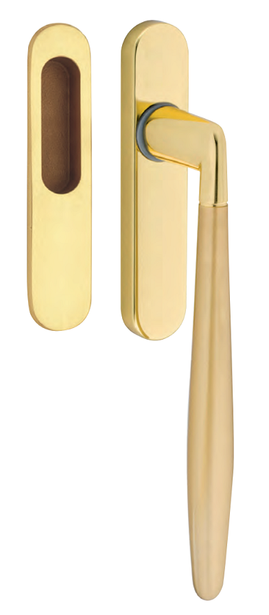 REGUITTI -  Maniglione Alzante SASHA scorrevole hs singolo con placca foro yale e conchiglia - mat. OTTONE - col. 38 OTTONE SATINATO VER./ OTTONE LUCIDO VER.