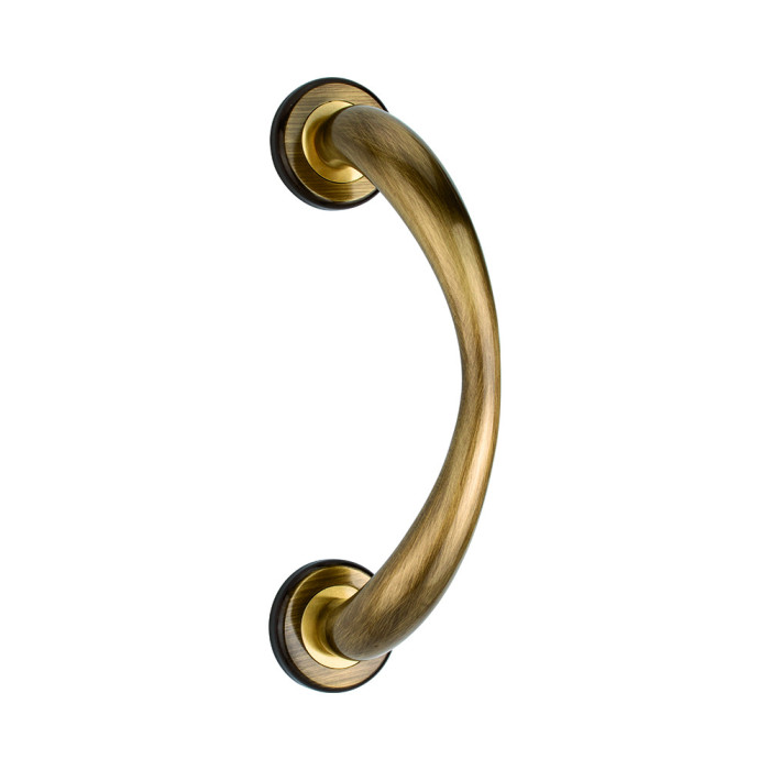 REGUITTI -  Maniglione DUNA zancato con rosette - mat. OTTONE - col. 08 OTTONE BRONZATO GRAFFIATO - ø mm Ø50 - interasse 180 - lunghezza 230