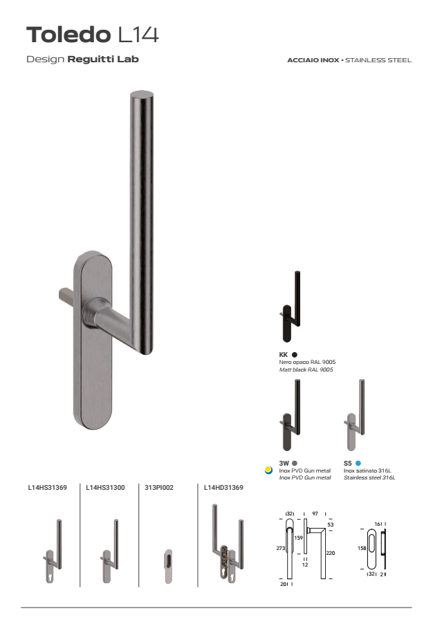 REGUITTI -  Maniglione Alzante TOLEDO scorrevole hs singolo con placca foro yale - mat. INOX AISI 316L - col. INOX SATINATO