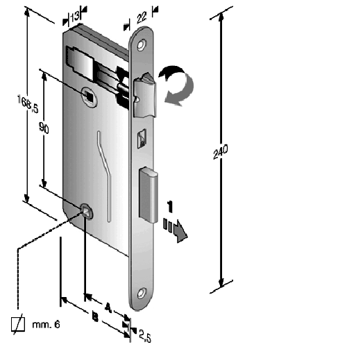 BONAITI -  Serratura GRANDE patent bordo tondo con scrocco per wc - col. CROMATO SATINATO - entrata 50 - frontale 22 X 240 - interasse 90