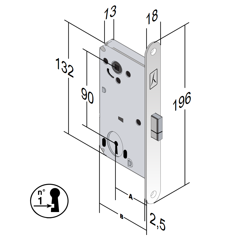 BONAITI -  Serratura B-SMART magnetica bordo tondo con scrocco catenaccio e con chiave - col. CROMATO OPACO - entrata 50 - frontale 18 X 196 - interasse 90