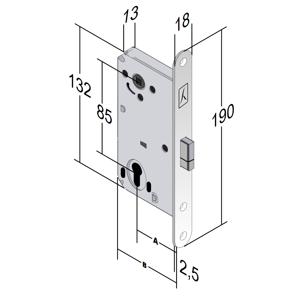 BONAITI -  Serratura B-SMART magnetica bordo tondo con scrocco foro yale per cilindro - col. CROMATO OPACO - entrata 50 - frontale 18 X 190 - interasse 85