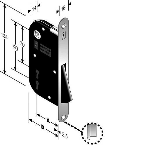 BONAITI -  Serratura B-ONE magnetica bordo tondo con scrocco centrale e con chiave - col. CROMATO SATINATO - entrata 50 - frontale 18 X 190 - interasse 70 - 90
