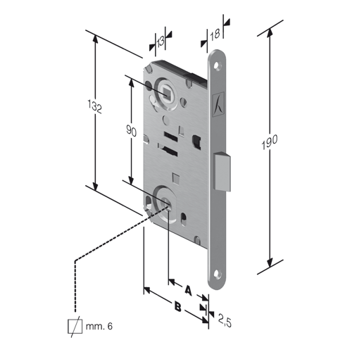 BONAITI -  Serratura B-BITTER patent bordo tondo con scrocco centrale e con chiave - col. CROMATO OPACO - entrata 50 - frontale 18 X 190 - interasse 90