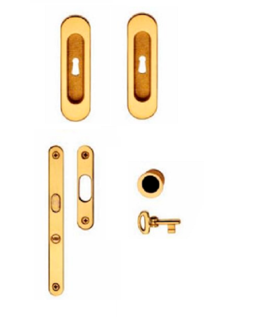 VALLI & VALLI - Kit Maniglia Da Incasso K1205 stondata con serratura e50 foro patent e maniglietta di trascinamento - mat. OTTONE - col. OTTONE LUCIDO - entrata 50