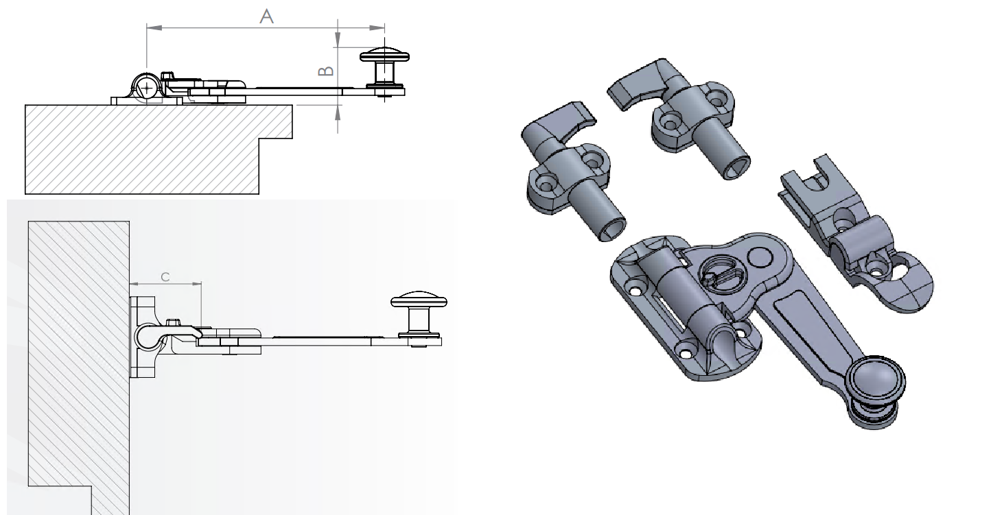 Spagnoletta SPAGNOLETTA kit senza aste 1 anta con sicura finale piatto - col. NERO GOFFRATO - h mm A=127 - B=28 - C=29