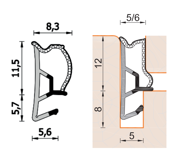 ROVERPLASTIK -  Guarnizione SERIE ESP per serramenti coestrusa espansa all'acqua - col. BIANCO - aria 5-6 - battuta 12 - note A575 E