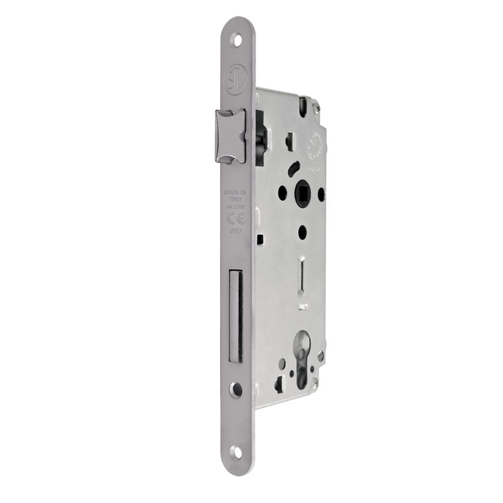 STV -  Serratura ART. 110 patent bordo tondo con scrocco e con catenaccio foro yale per cilindro - col. INOX - entrata 35 - frontale 238 X 22 - interasse 85