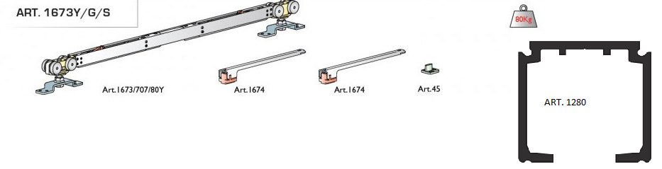 TERNO -  Kit CLASSIC accessori sistema scorrevole per porte - mat. ALLUMINIO - col. ARGENTO ANODIZZATO - note CON PROFILO 1280 - dimensioni ART 1280 MM 2000