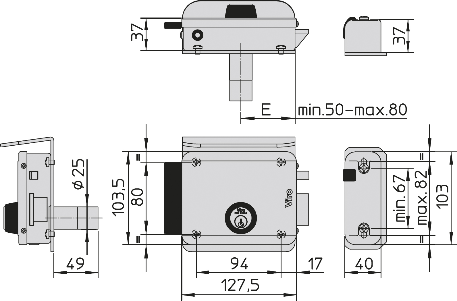 VIRO -  Serratura V97 elettrica da applicare con scrocco catenaccio e con chiave - col. GRIGIO - entrata 50 - 80