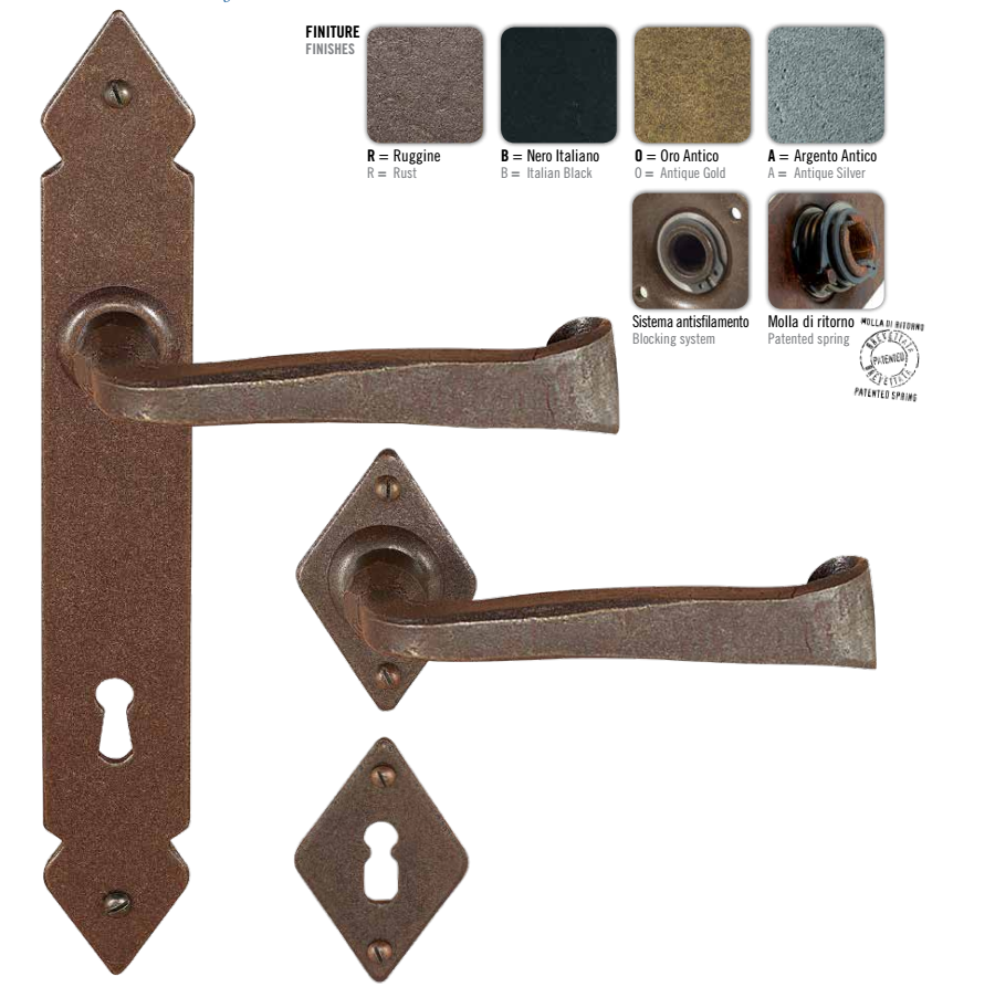 Maniglia FORGIATO coppia con rosette e bocchette rettangolari foro patent - col. RUGGINE