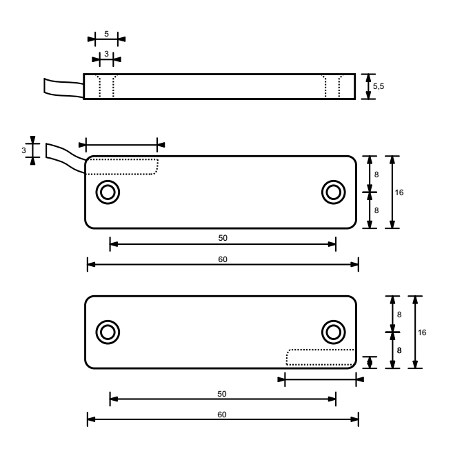 Contatto Reed NC ad applicare per sistemi di controllo e allarme - mat. ABS - col. BIANCO - note MICRO CONTATTO MAGNETICO ULTRAPIATTO RETTANGOLARE, IN ABS - dimensioni 60 X 16 X 5,5 - info 2 POLI