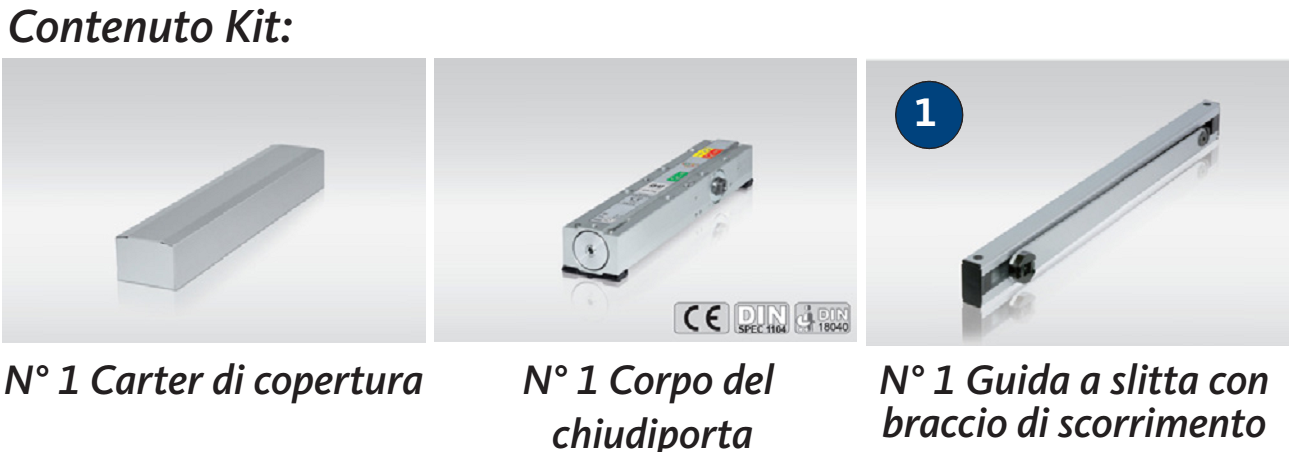 GU-ITALIA -  Chiudiporta OTS 73X completo con corpo braccio e carter - col. ARGENTO - mano - din DX - SX - peso anta GUIDA A SLITTA