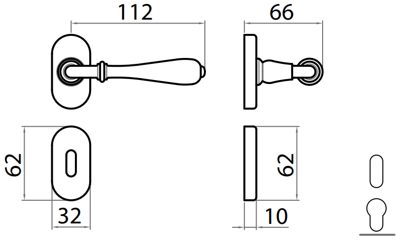 GHIDINI -  Maniglia NOVECENTO coppia con rosette e bocchette ovali foro yale - mat. OTTONE - col. OBR-M45 - OTTONE BRUNITO