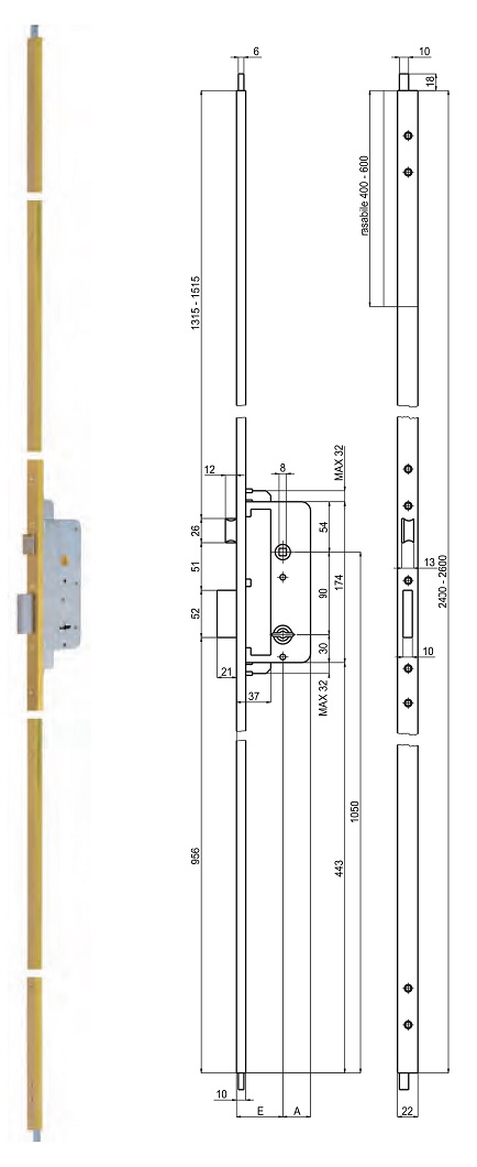 SAB -  Serratura Multipunto 583/3 meccanica doppia mappa con scrocco catenaccio chiusura sopra e sotto - entrata 50 - h min - max 2400 - 2600 - frontale 22 - interasse 90