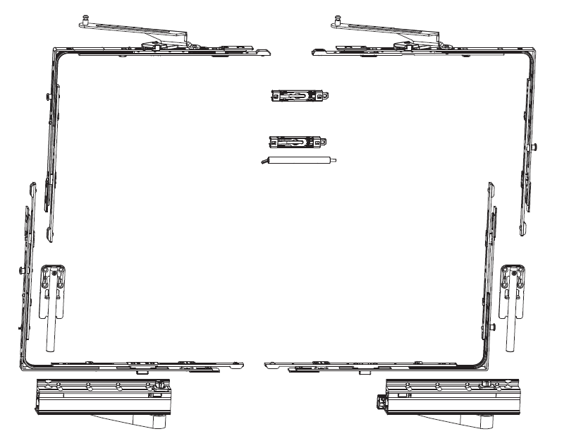 MAICO -  Kit RAIL-SYSTEMS dx 160 kg base carrelli anta scorrevole a ribalta - col. ARGENTO - a: INT. 9 - b: 1 X CARRELLO LATO CREM. - 1 X CARRELLO LATO CERN. - c: 2 X ELEMENTI DI SOSTEGNO - 1 X UTENSILE SGANCIATORE - d: 2 X MOVIMENTI ANG. INF. CON SCROCCO