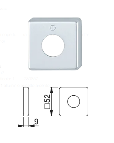 HOPPE -  Rosetta quadra per maniglia - mat. ALLUMINIO - col. F1 ARGENTO - dimensioni 52 X 52 X 9