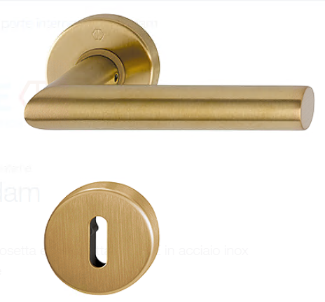 HOPPE -  Maniglia AMSTERDAM coppia con rosette e bocchette tonde foro patent - mat. INOX - col. F78-1-R OTTONE CHIARO SATINATO