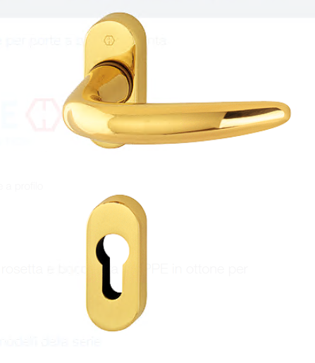 HOPPE -  Maniglia ATLANTA coppia con rosette e bocchette ovali foro yale - mat. OTTONE - col. F71 LUCIDO