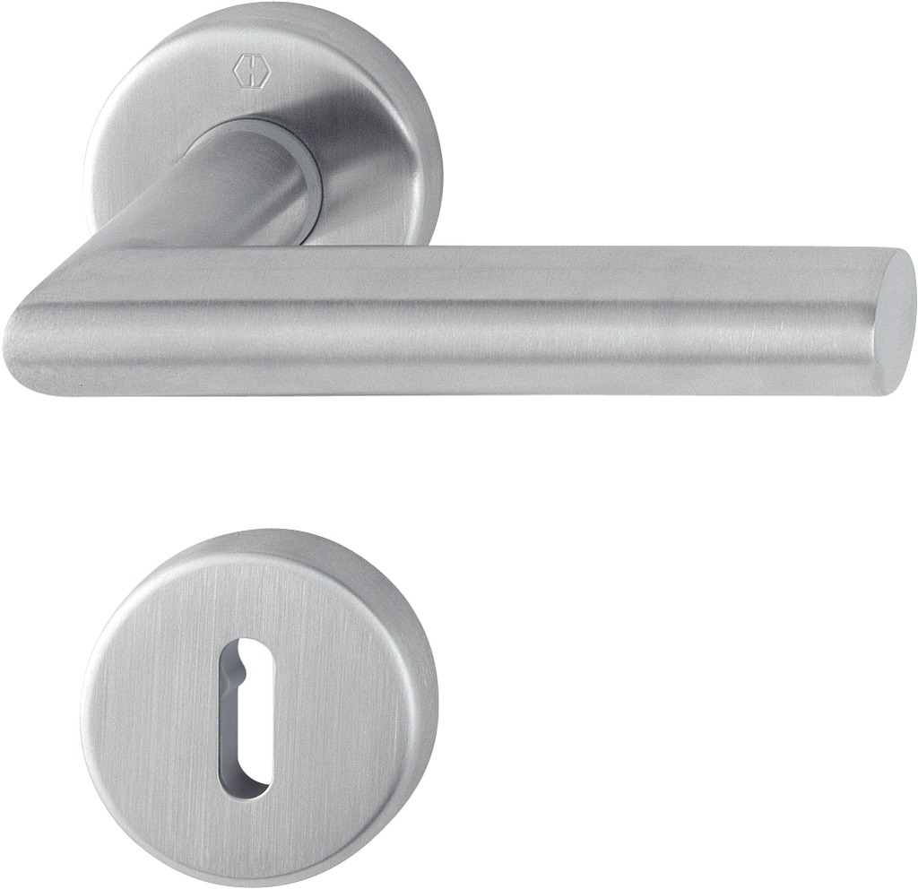 HOPPE -  Maniglia AMSTERDAM coppia con rosette e bocchette tonde foro patent - mat. INOX - col. F69 SATINATO